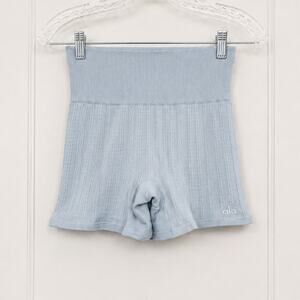Alo Yoga High-Waist Cable Knit Biker Shorts Chalk Blue XS- Small Stain